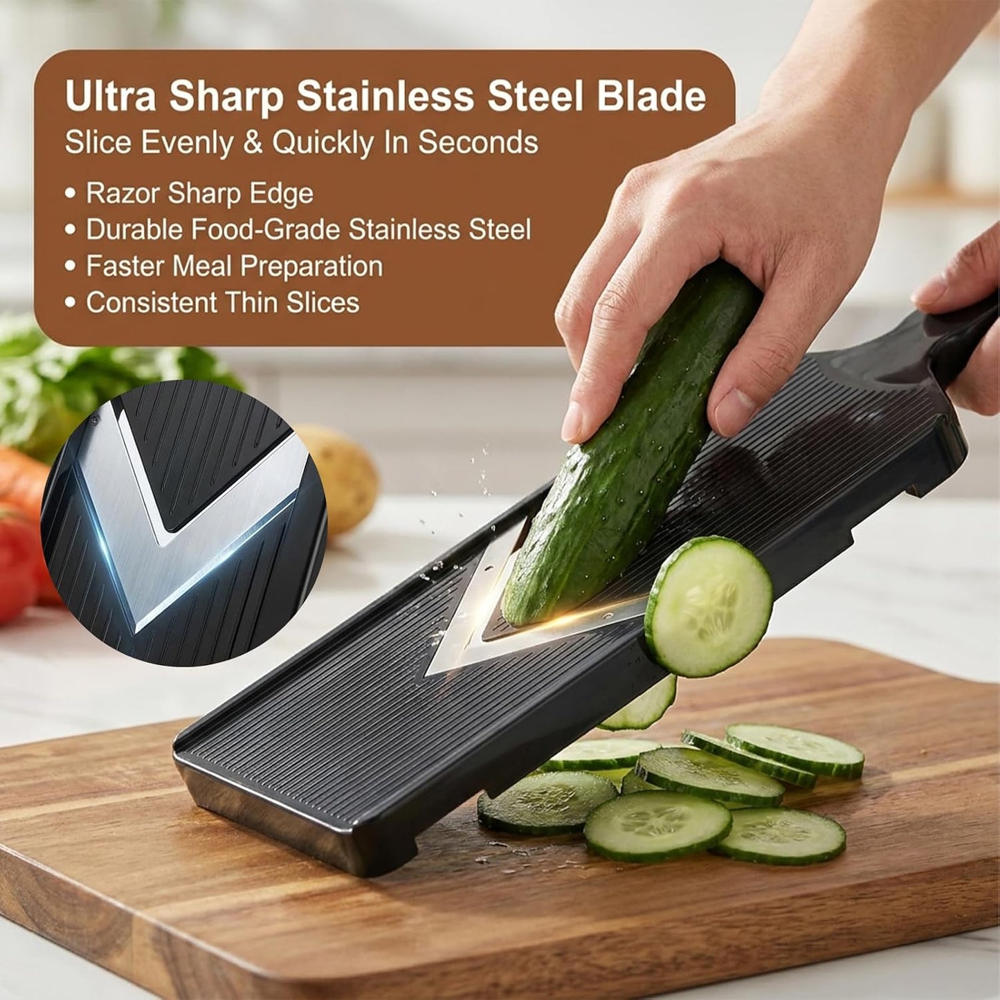 Mandoline Slicer for Kitchen, Multifunctional Handheld Potato Cucumber Slicer, Vegetable Mandoline Slicer with Hand Holder Cabbage Shredder Food Slicer for Potatoes, Onion(black)