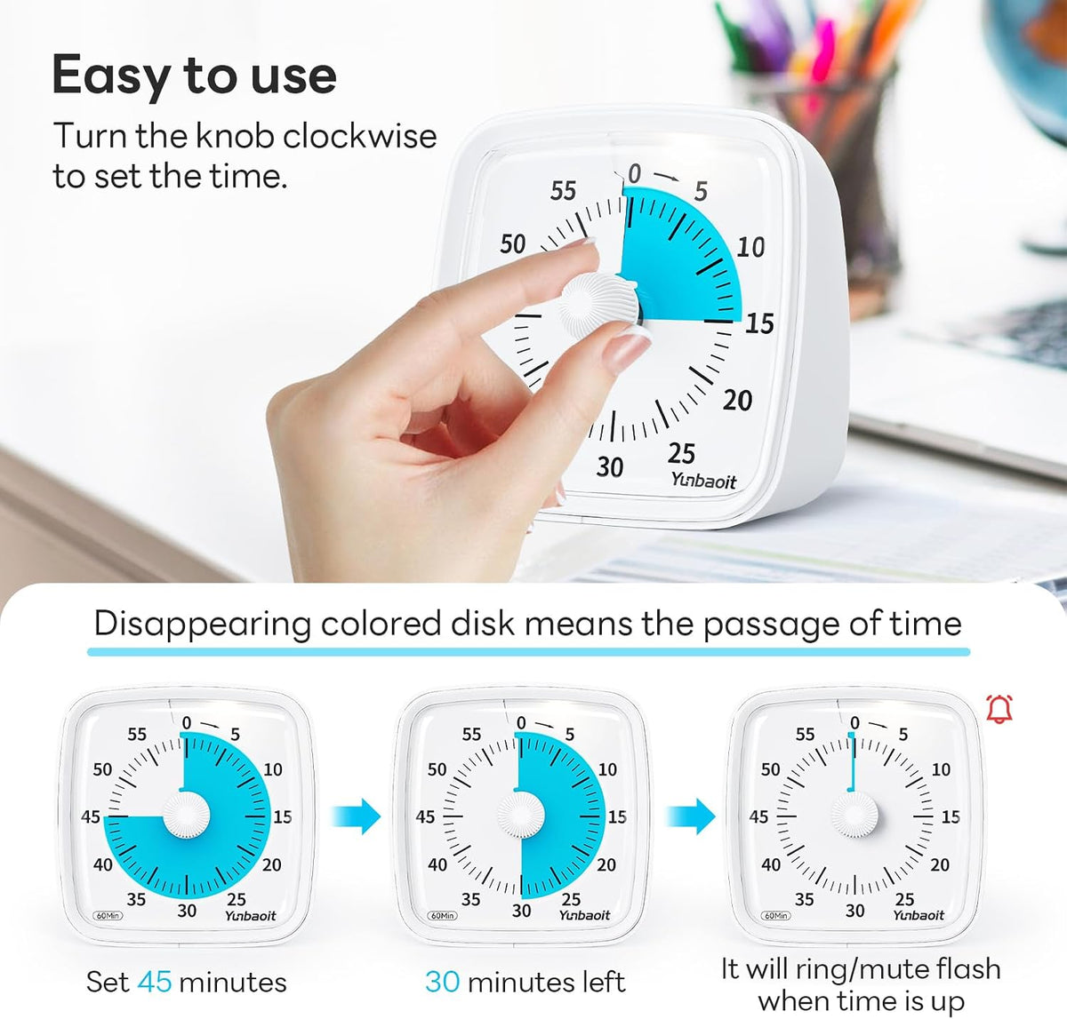Yunbaoit Visual Timer with Night Light, 60 Minute Countdown, Light Blue