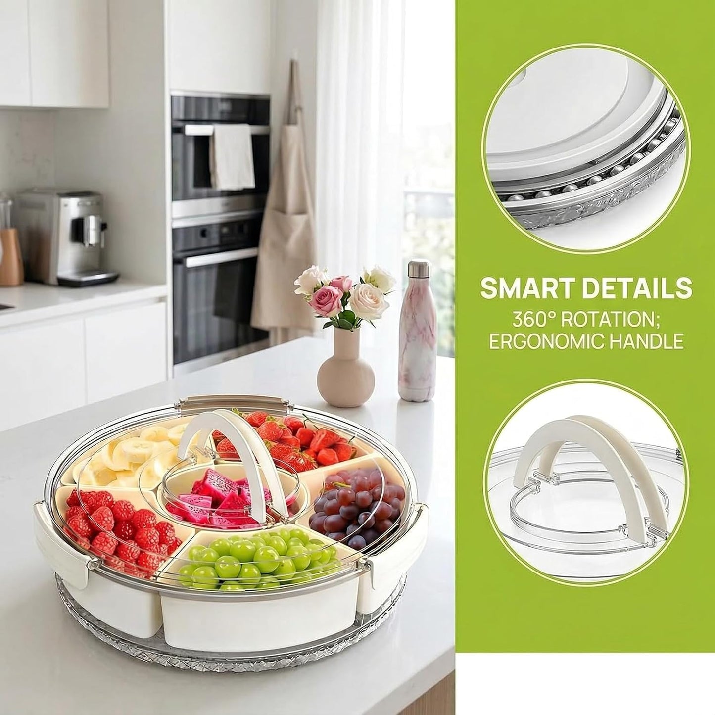 Divided Serving Tray with Lid & Handle, Portable Rotating Snackle Box, Clear Snack Spinner for Fruits, Snacks, Veggie & Charcuterie, Lazy Susan Organizer for Kitchen, Party, Travel & Picnic