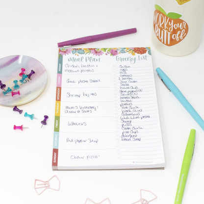 bloom daily planners Weekly Meal Planning Pad - Magnetic Hanging Refrigerator Menu Planner with Tear-Off Sheets & Perforated Grocery Shopping Lists - 6” x 9” (Grey & Pink)