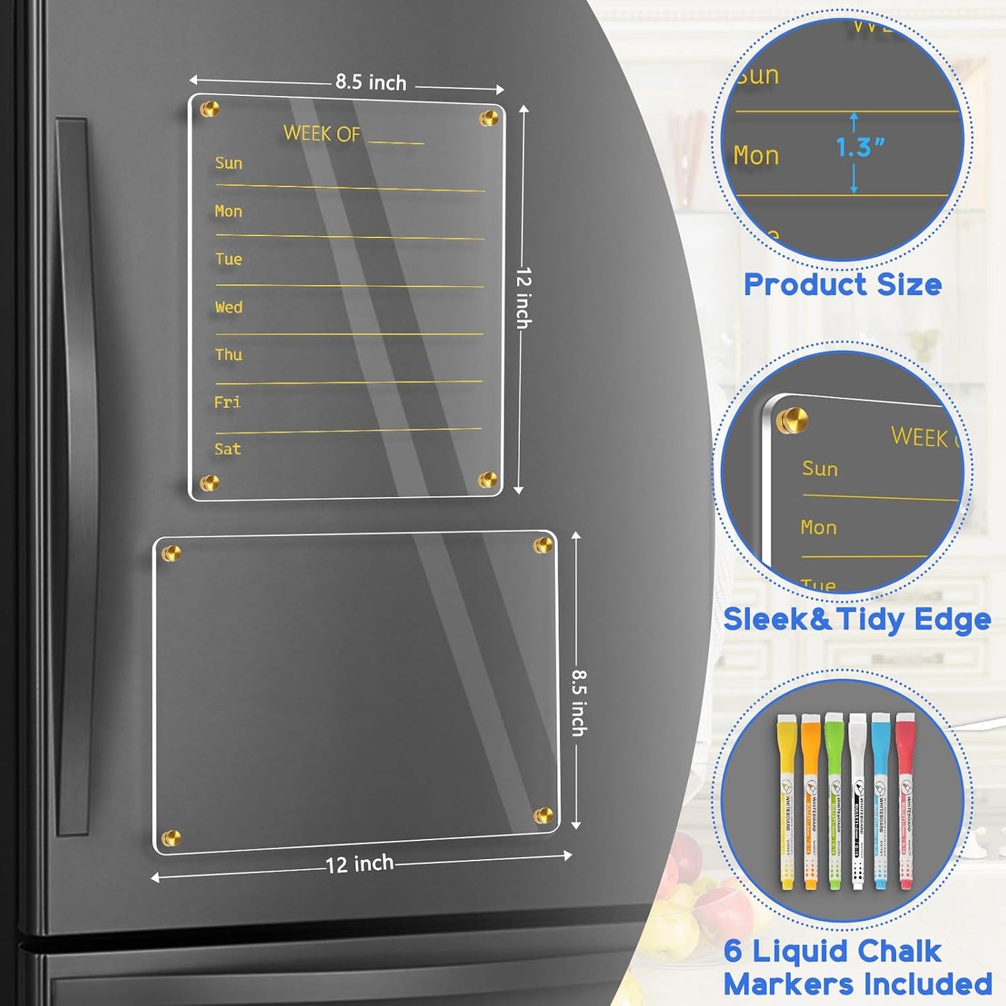 WALGLASS Acrylic Calendar for Fridge, 8.5"x11" Gold Weekly Clear Acrylic Magnetic Dry Erase Board for Refrigerator, Set of 2 Stronger-Magnetic Reusable Fridge Planner, Includes 8 Liquid Chalk Markers