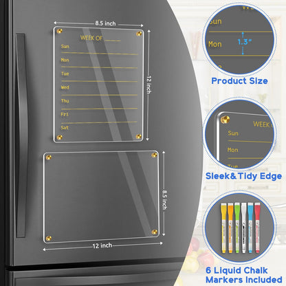 WALGLASS Acrylic Calendar for Fridge, 8.5"x11" Gold Weekly Clear Acrylic Magnetic Dry Erase Board for Refrigerator, Set of 2 Stronger-Magnetic Reusable Fridge Planner, Includes 8 Liquid Chalk Markers
