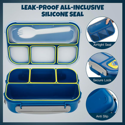MaMix Bento Lunch Box for Kids, Lunchable Containers for Kids Adults with 4 Compartments + Lunch Bag, with Utensils, Sauce Jar, Muffin Liners (blue set)