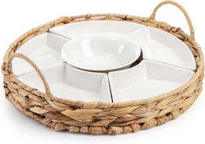 AVLA Ceramic Divided Serving Dishes, Porcelain Relish Tray, Party Appetizer Platter, 6 Removable Snack Bowls with Cattail Basket for Chips and Dips, Candy, Nut, Condiment, Veggie, Portable Handle