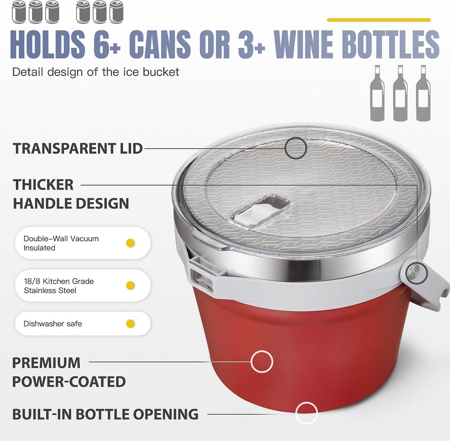 COKTIK 7L Vacuum Insulated Ice Bucket with Lid and Scoop& Tongs，Large capacity Stainless Steel Beverage Bucket for Cocktail, Champagne, Wine, Beer，Large Parties（Milk White Suit）