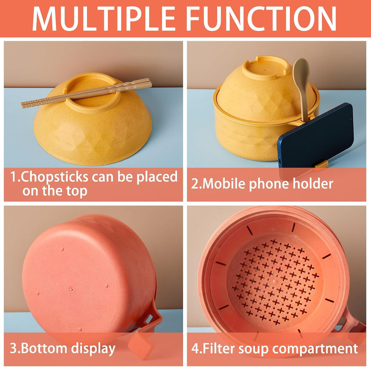 2 Sets 40 oz Microwave Ramen Bowl with Handles, Yellow,Orange