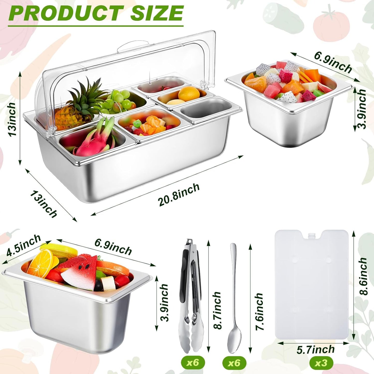 Condiment Tray Stainless Steel Serving Display Set with Lid for Buffet Restaurant Kitchen, Food Chilled Container for Salad Fruit Condiments, Keeps Food Fresh with Ice Box(6 Compartments)