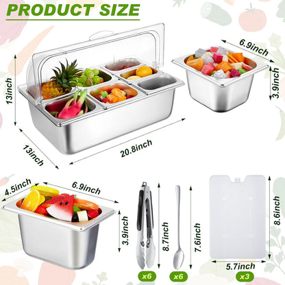 Condiment Tray Stainless Steel Serving Display Set with Lid for Buffet Restaurant Kitchen, Food Chilled Container for Salad Fruit Condiments, Keeps Food Fresh with Ice Box(6 Compartments)