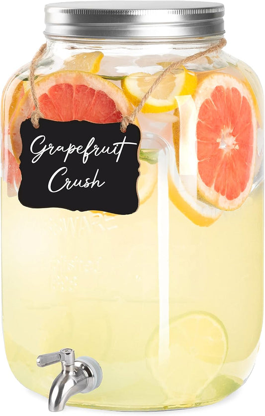 Ilyapa 2 Gallon Glass Beverage Dispenser, Metal Base, Stainless Steel Spigot & Hanging Chalkboard - for Lemonade, Tea, Cold Water & More