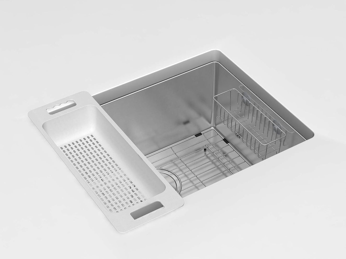 Zuhnë Reeva Over The Sink Colander Strainer Set of 2, Food Grade Wheat Fiber Composite, BPA Free, Stackable Soak Rinse Bins, Light Grey, Fits 15 to 17 in Sink Bowls