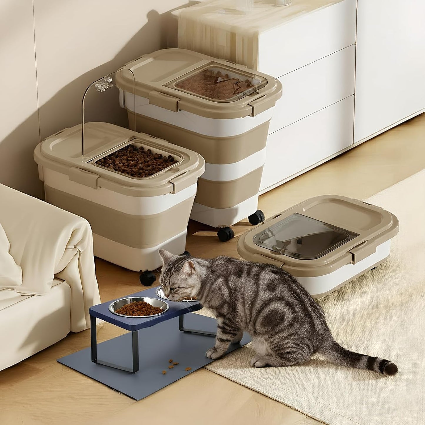 Summark 15 Lbs Dog/Cat Food Storage Container,Collapsible Food Storage Containers with Rolling Wheel Airtight Locking Lid,Pet Food Storage Container with Cup and Scoop,Grey