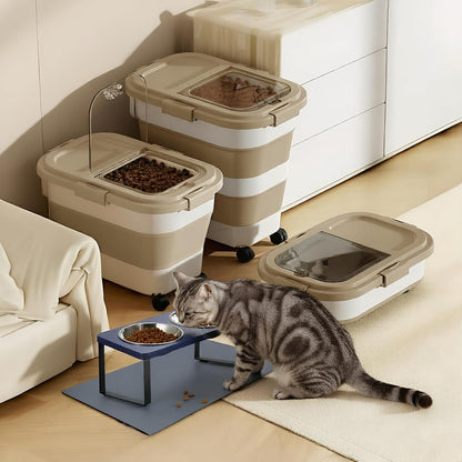 Summark 15 Lbs Dog/Cat Food Storage Container,Collapsible Food Storage Containers with Rolling Wheel Airtight Locking Lid,Pet Food Storage Container with Cup and Scoop,Grey
