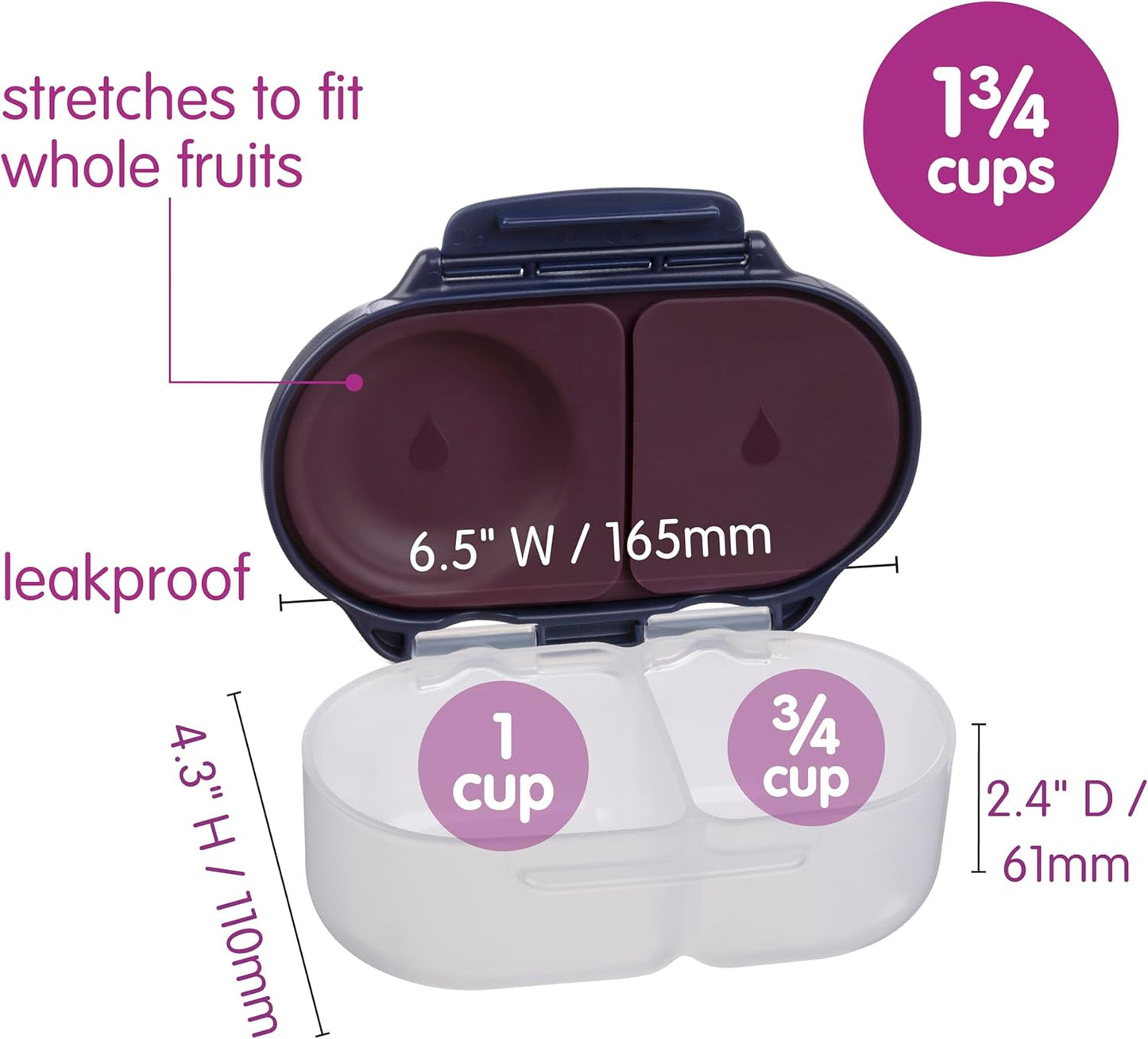 b.box Snack Box 2-Pack - Leak Proof Mini Bento Box for Kids & Toddlers, 2 Compartment Snack Containers for Kids, Dishwasher Safe, BPA-Free, PFAS-Free, Ages 4mo+, 1 3/4 Cup Each (Strawberry + Lilac)