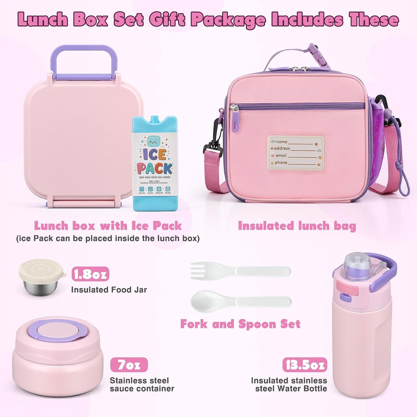 Bento Lunch Box for Kids with 7oz Soup Thermo,Insulated Stainless Steel Kids Water Bottle with Straw and Insulated Lunch Bag,Leak-Proof Lunch Food Container with Ice Pack for School (Purple-Mermaid)