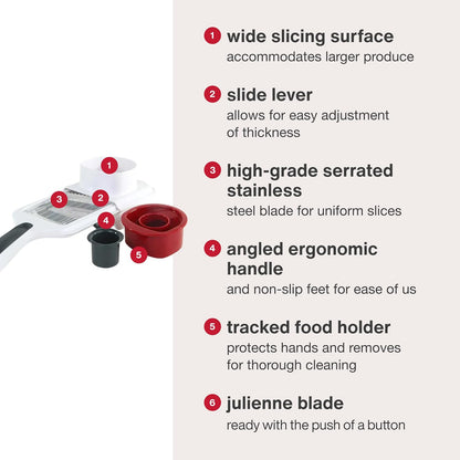 Zyliss Easy Control Handheld Slicer - Vegetable Slicer & Chopper - Fruit Cutter - Handheld Slicer with Two Stainless Steel Blades - Dishwasher Safe - White/Red, 13 inches