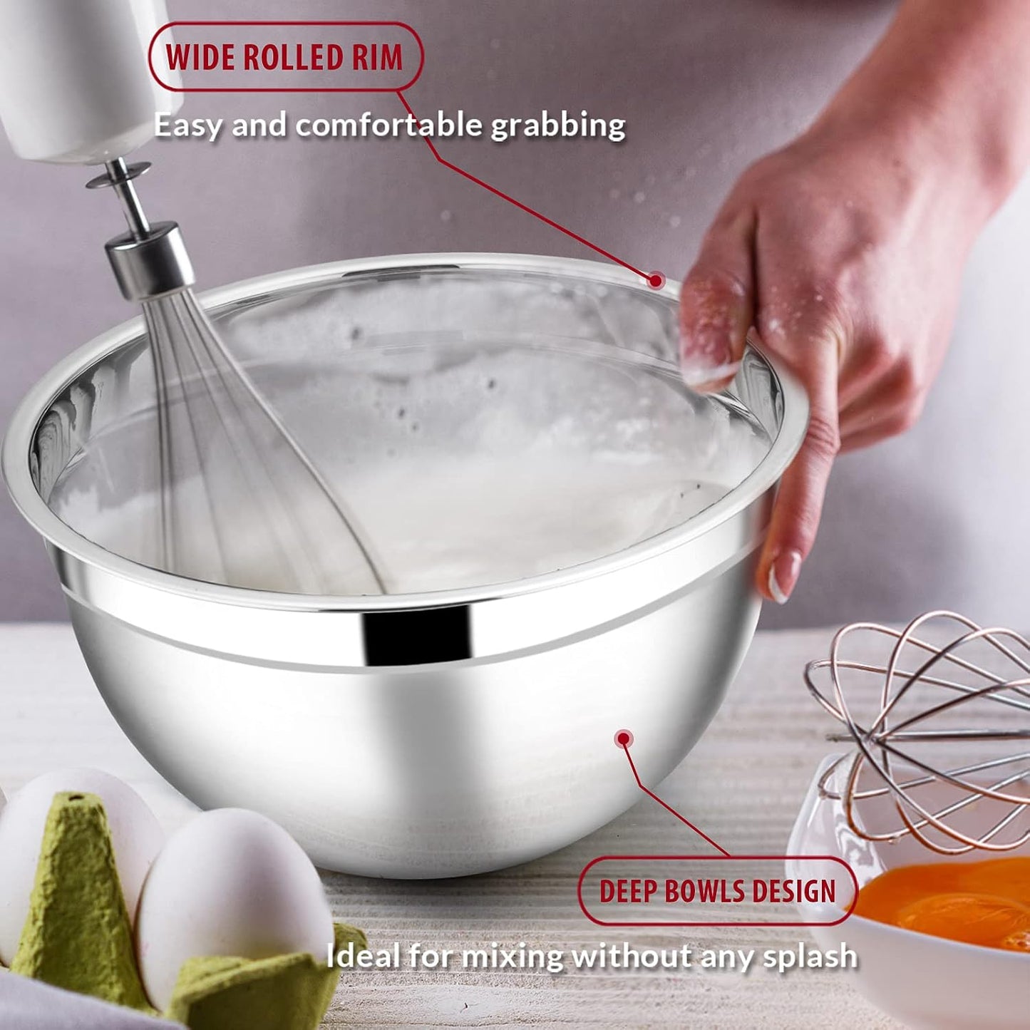 E-far Mixing Bowls with Lids Set of 5, Stainless Steel Mixing Bowls Metal Nesting Bowls with Airtight Lids, Non-toxic & Dishwasher Safe, Great for Cooking, Baking, Serving - Size 0.7/1/1.5/3/4.6QT