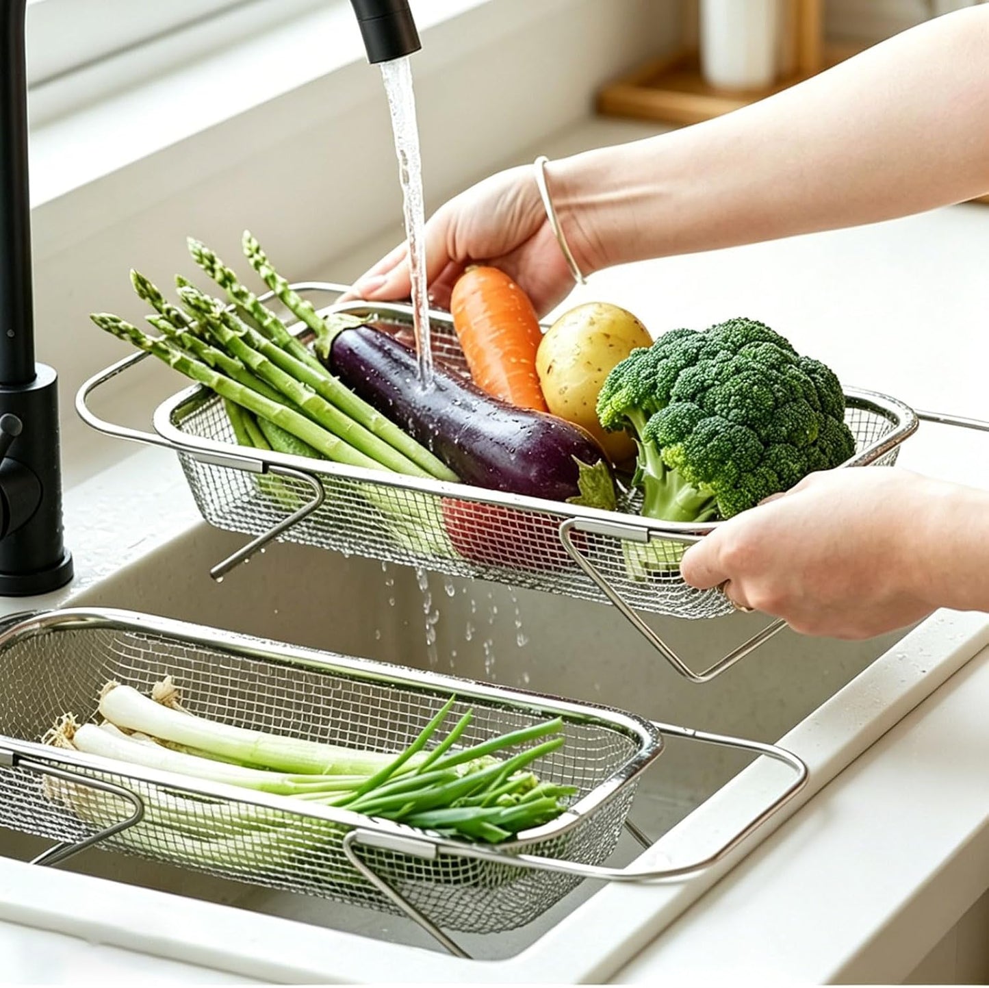 Sink Strainer Basket, Over the Sink Colander, Kitchen Expandable Stainless Steel Mesh Drain Basket, Adjustable Rectangular Kitchen Strainer with Handle for Washing Fruits, Vegetables and Pasta (Small)