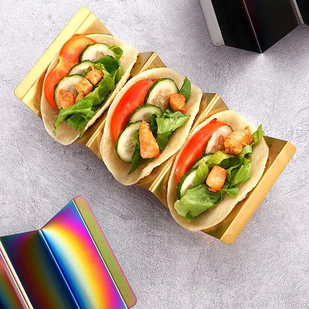 4 Pcs Gold Taco Holders Set with 1 Food Tong, Stainless Steel Taco Stand with Handles for Party, Holds Up to 3 Tacos Each, Dishwasher Oven safe