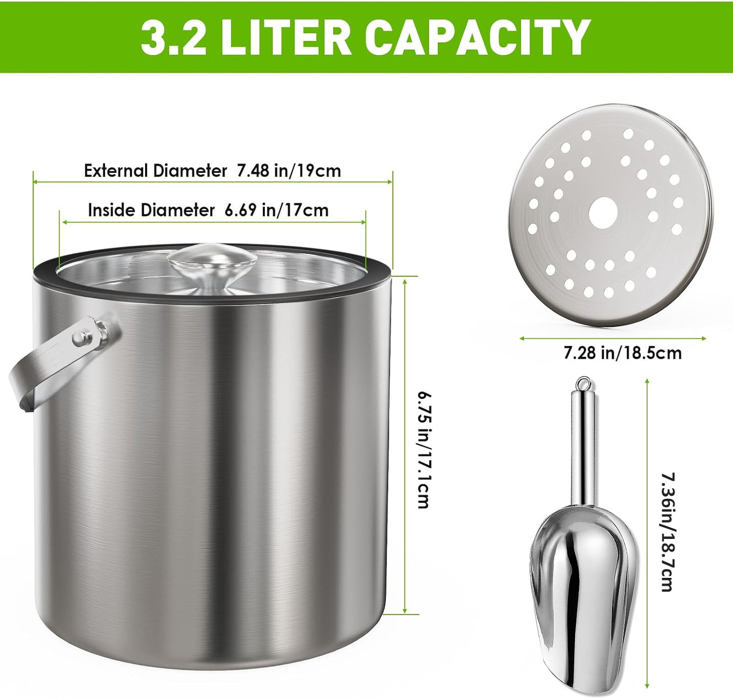 3.2L/3.4QT Modern Insulated Ice Bucket with Silicone Lid, Scoop, Strainer, Double Wall Stainless Steel Ice Bucket for Parties & Cocktail Bar,Ideal for Gift(Black)