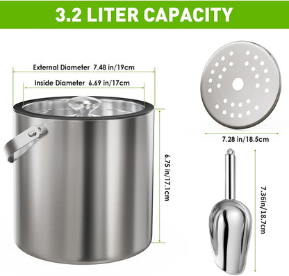3.2L/3.4QT Modern Insulated Ice Bucket with Silicone Lid, Scoop, Strainer, Double Wall Stainless Steel Ice Bucket for Parties & Cocktail Bar,Ideal for Gift(Black)