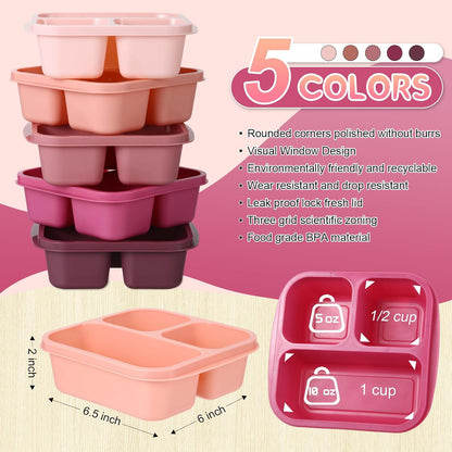 Honeydak 5 Pack Snack Containers 3 Compartment Bento Snack Boxes Divided Meal Prep Containers with Lids Reusable Adults Lunch Food Storage Box for School Work Travel(Elderberry)