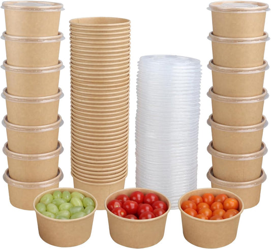 14 oz Disposable Kraft paper bowls with lids, Soup Bowls 50 Pack