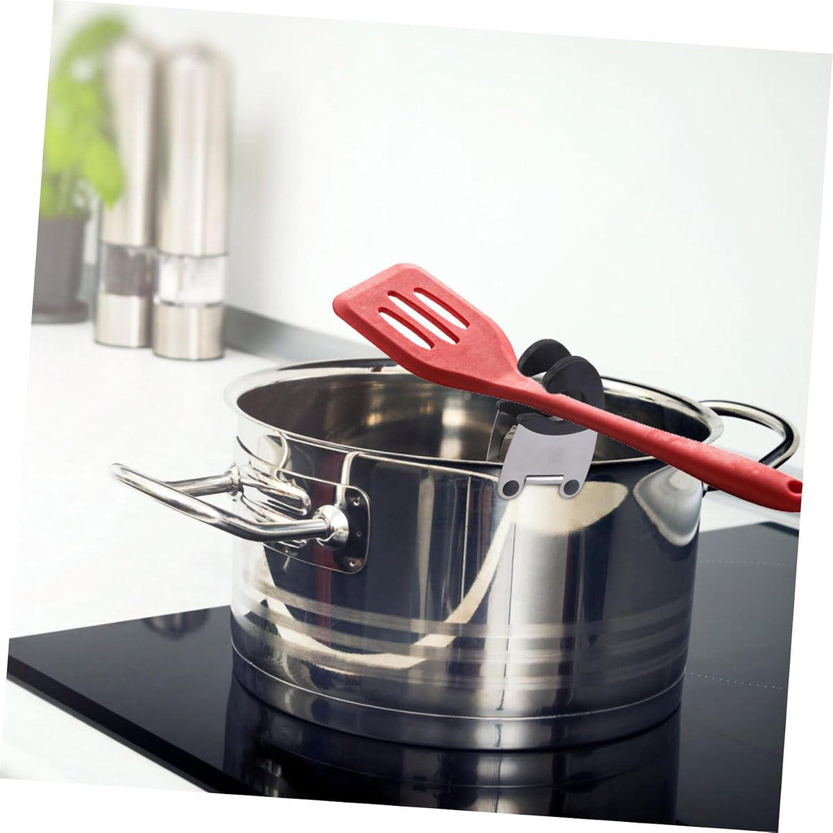 Pot Clip Holder, 2Pcs Spoon Holder for Pot Clip, Stainless Steel Utensil Pot Clip Spoon Rest Pot Fixed Clamp for Kitchen Cooking Accessories (Black)