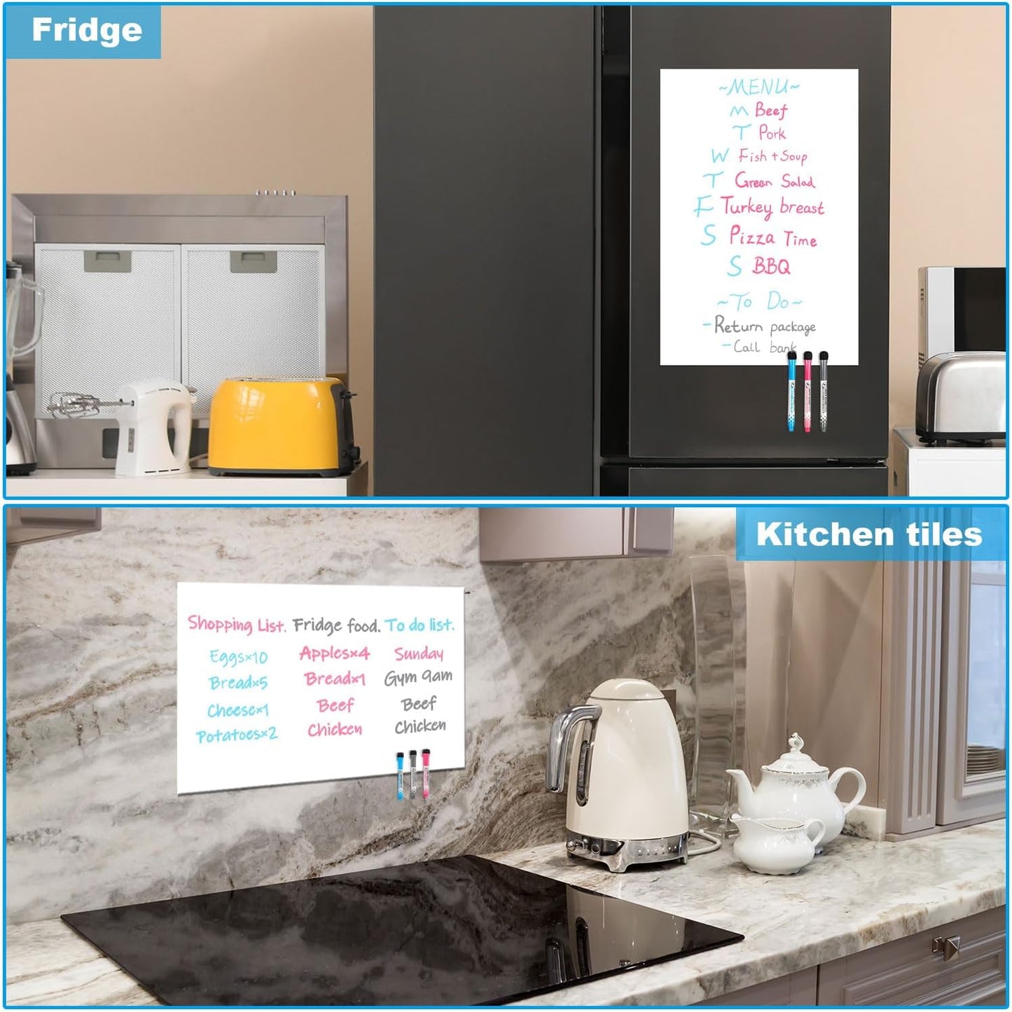 CUHIOY Dry Erase Self Adhesive Magnetic Whiteboard Sticker on Any Smooth Surface, Stain Resistant 17x12 Fridge Whtieboard Magnet Sheet, Used as Weekly Meal Planner Reminder Notice 3 Marker Pens