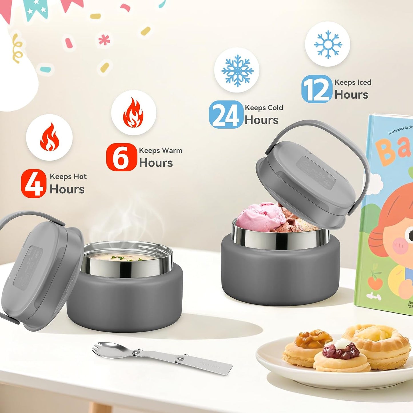 Lunch Box Kids, Leak Proof 5 Compartment Bento Box for Kids, 13oz Thermo for Hot Food Kids Lunch Box,Hot Lunch Box for School Travel