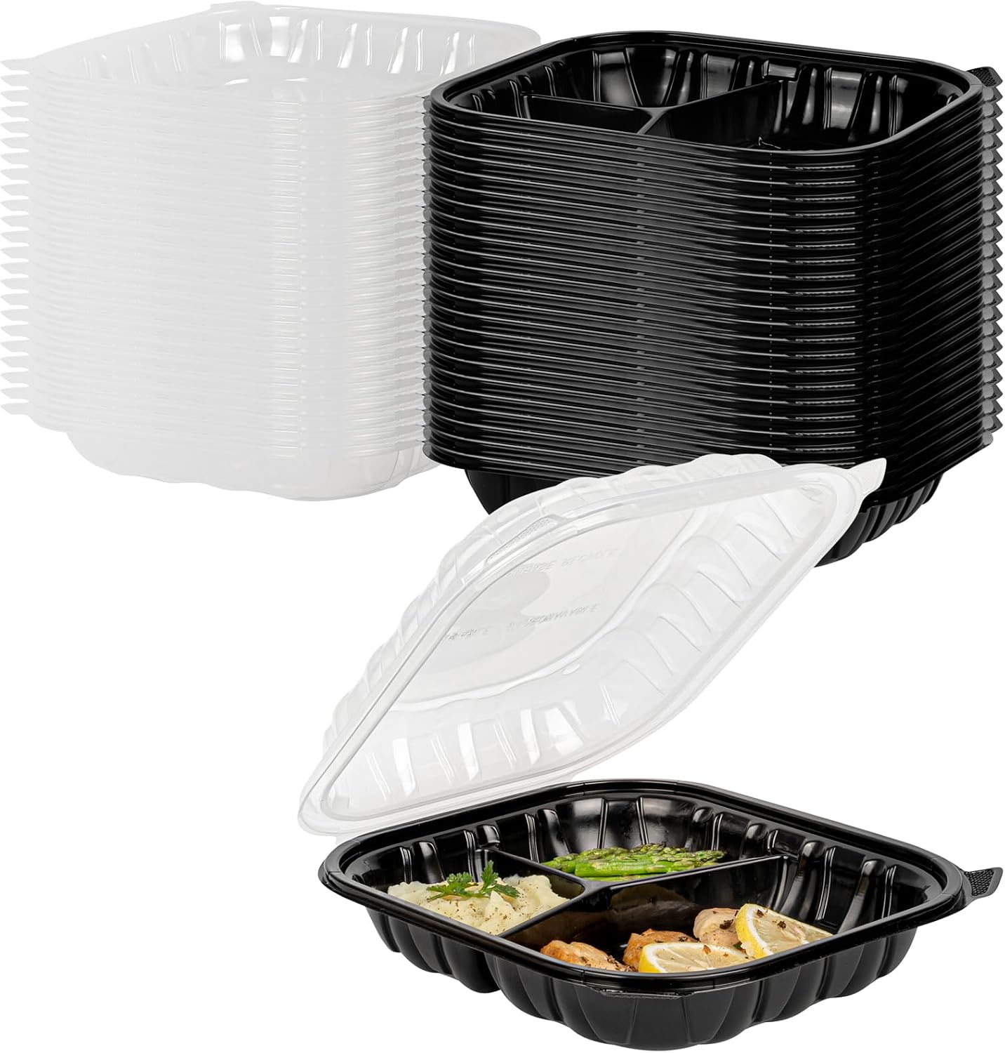 Thermo Tek 40 Ounce Clamshell Containers, 50 Disposable Take Out Boxes - 3 Compartments, Ventilated Lids, Black Plastic Meal Prep Containers, Microwavable, For Pasta Or Salads - Restaurantware