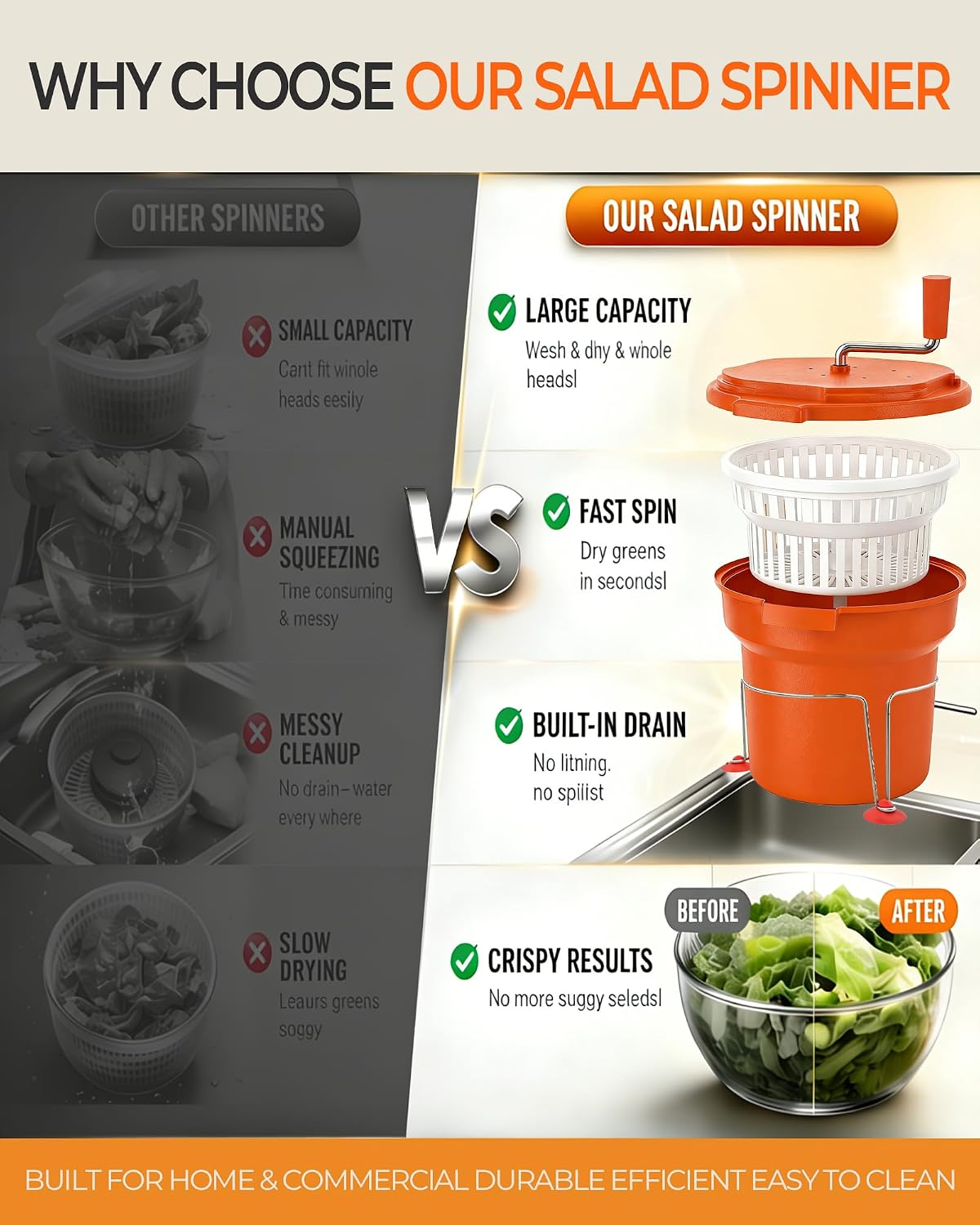 Commercial Salad Spinner - 6 Gallon Salad with Stand Dryer w/Draining Hose, 24Qt Manual Salad Spinner for up to 7 Heads of Lettuce Spinner Large for Catering