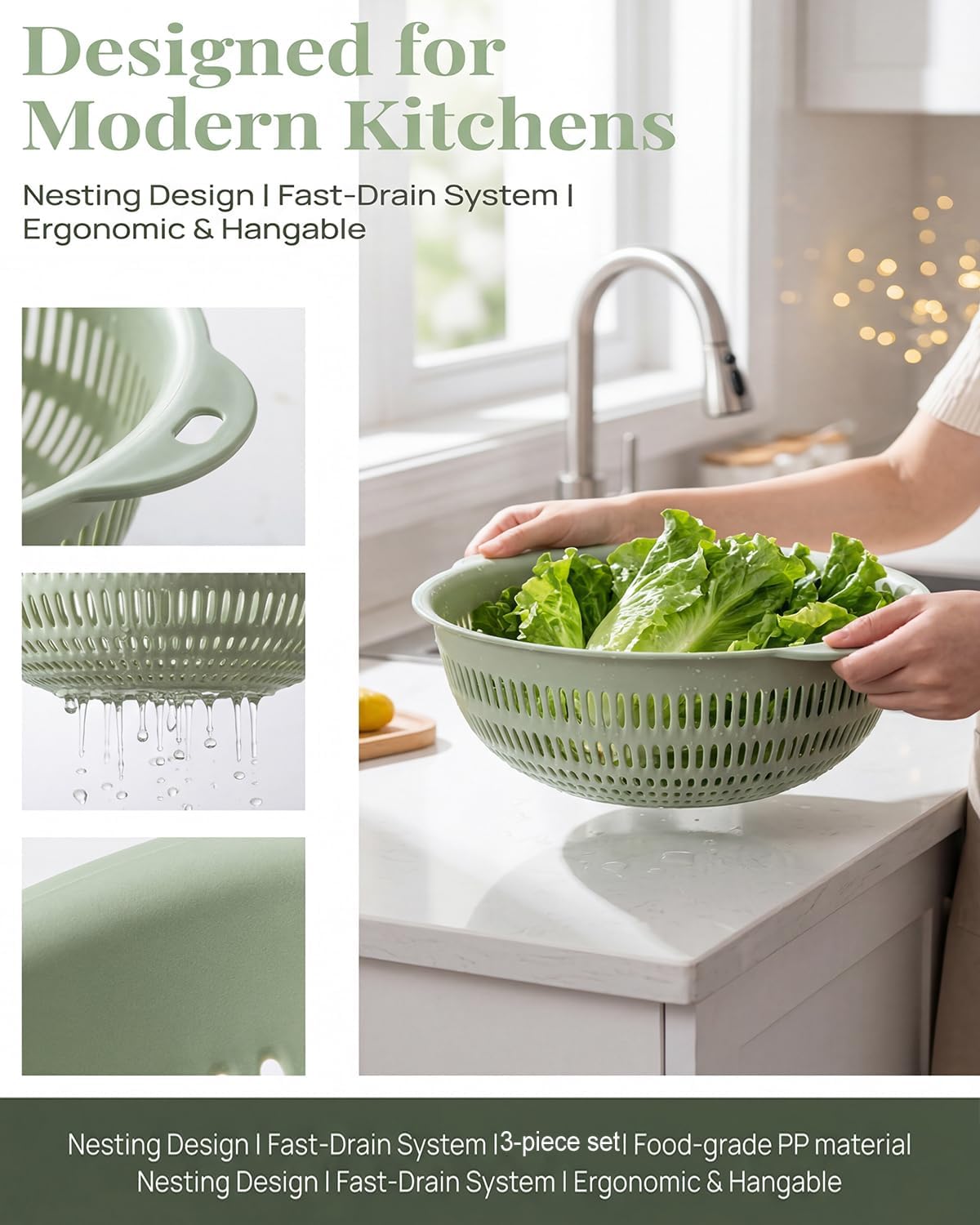 3 pcs Plastic Wash Basket Round Perforated Colander Wash Vegetables and Fruits Drain Cooked Pasta Kitchen Essentials Food Strainer Basket Strainer Kitchen Blue Yellow green red (3PCS-Green)