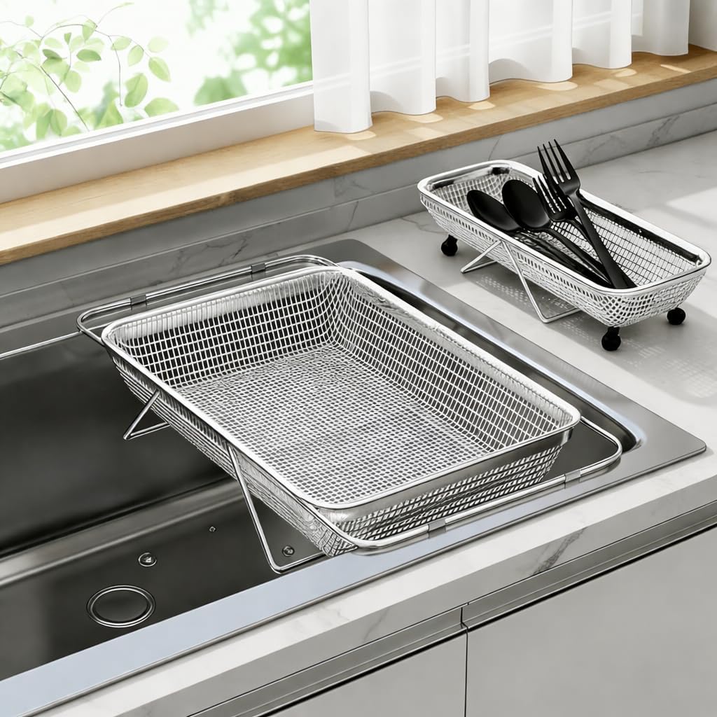 Large Adjustable Over-the-Sink Expandable Dish Drying Rack with Stainless Steel Drain Basket, Telescopic Space-Saving Kitchen Organizer for Fruits & Vegetables