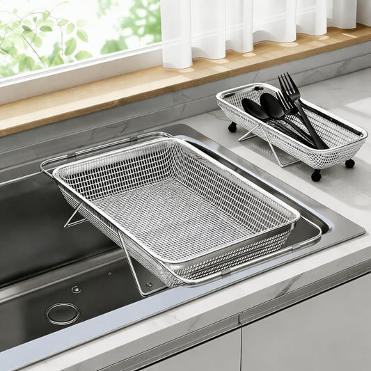 Large Adjustable Over-the-Sink Expandable Dish Drying Rack with Stainless Steel Drain Basket, Telescopic Space-Saving Kitchen Organizer for Fruits & Vegetables