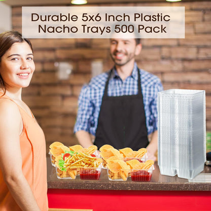 Vesici 100 Pcs 12oz Nacho Trays Disposable 2 Compartment Food Snack Tray Concession Stand Supplies Movie Night Clear Plastic Cheese Dip and Chip Holder for Candy School