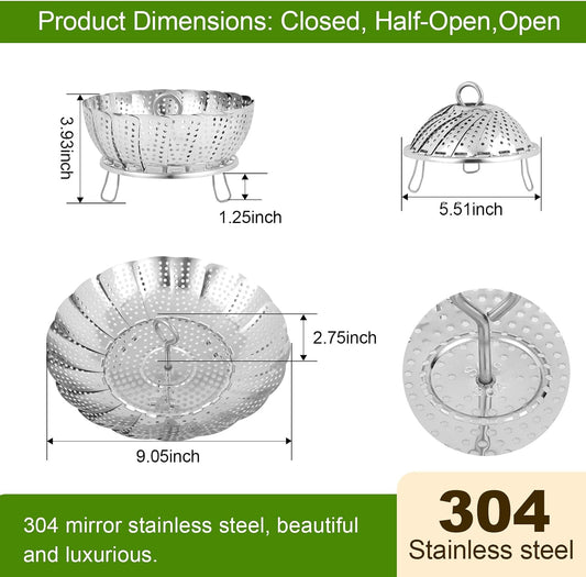 Vegetable Steamer Basket - 304 Stainless Steel Folding Steamer Basket for Cooking, Vegetables, Fish, Pasta, Eggs, Fit Various Size Pot (5.5 inches to 9 inches)