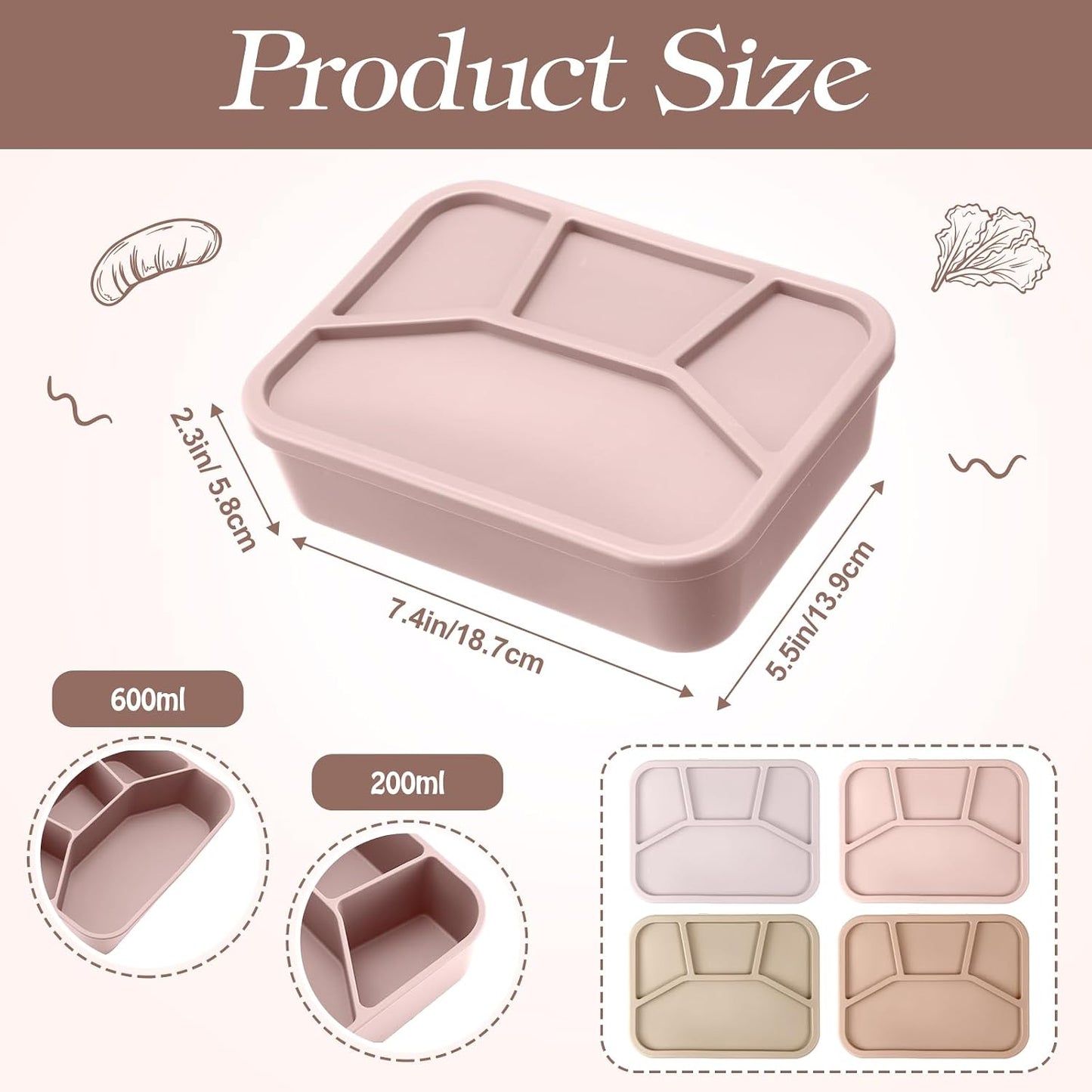 Honeydak 6 Pcs Silicone Bento Box Reusable Lunch Container 4 Compartment Snack Boxes with Lid Smooth LeakProof Rectangle Food Boxes for Adult Work Travel Food Storage (Cute Color)