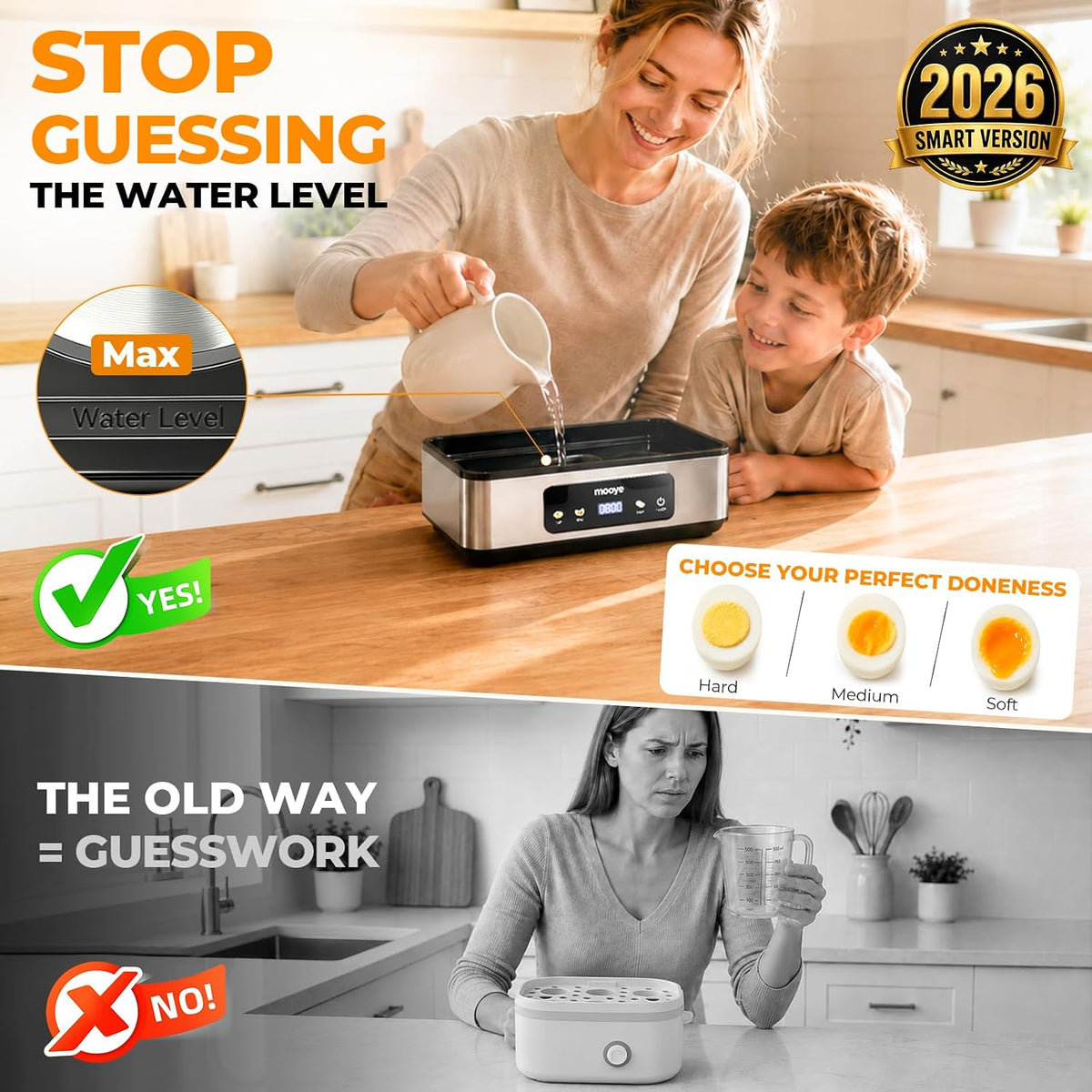 Rapid Egg Cooker for Hard Boiled Eggs, Electric Egg Steamer 3 IN 1 Soft Medium Hard Boiled, Egg Maker with Auto Shut-Off, Egg Boiler for Kitchen Breakfast & Fitness, BPA-Free, Holds 8 Eggs