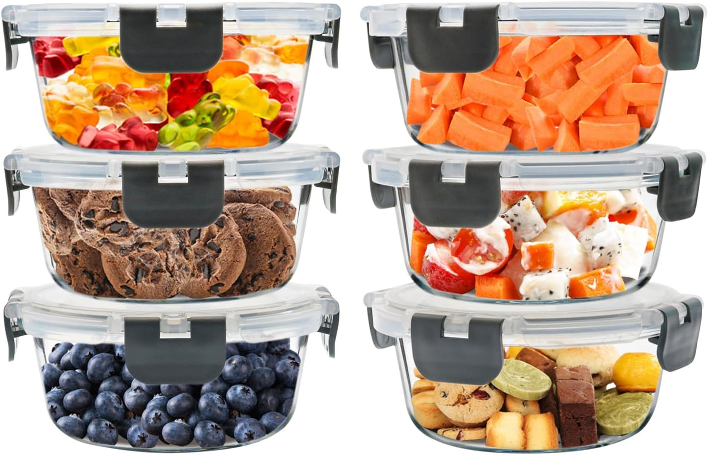 6Pack 22oz Glass Meal Prep Containers, Glass Food Storage Containers Sets with Snap Leak Proof Lids for Microwave, Oven, Freezer and Dishwasher Safe (Grey, 22oz)