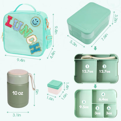 Insulated Lunch Bag for Boys Girls with 10oz Thermo, with 6 Compartment Bento Box, Black Nylon Preppy Lunch Box Adjustable Strap for Boy Girl Kids Teens School Travel Picnic