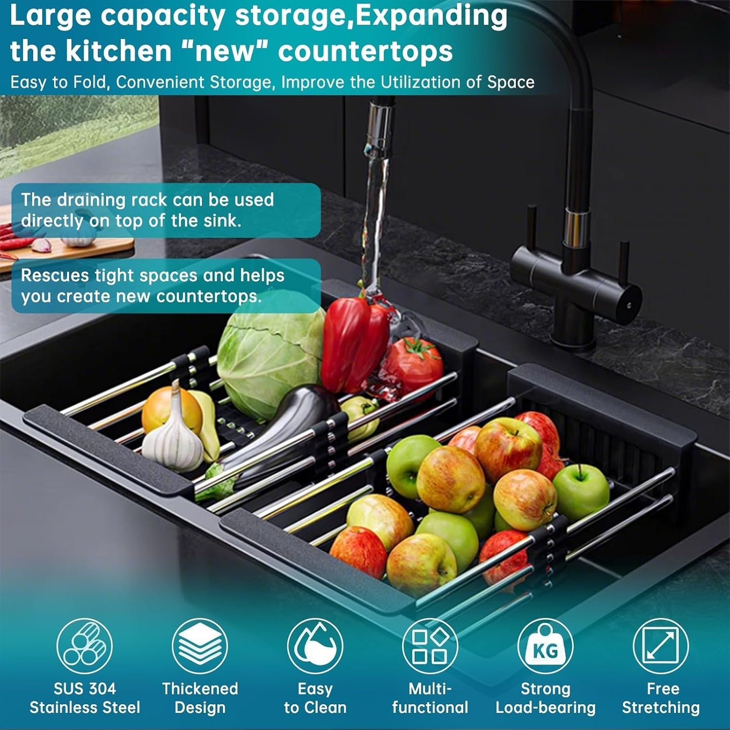 Dish Drying Rack, Over The Sink Dish Drying Rack, Stainless Steel Dish Drainer with Adjustable Arms Holder Functional Kitchen Sink Organizer for Vegetable and Fruit