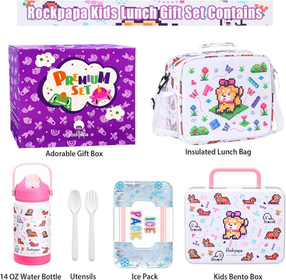 rockpapa Chill Kids Lunch Box Set with Leakproof 5.5 Cups Bento Box, Reusable Ice Pack, 14oz Insulated Water Bottle & Lunch Bag, BPA-Free Microwave Safe for School Boys Girls (Black Games)