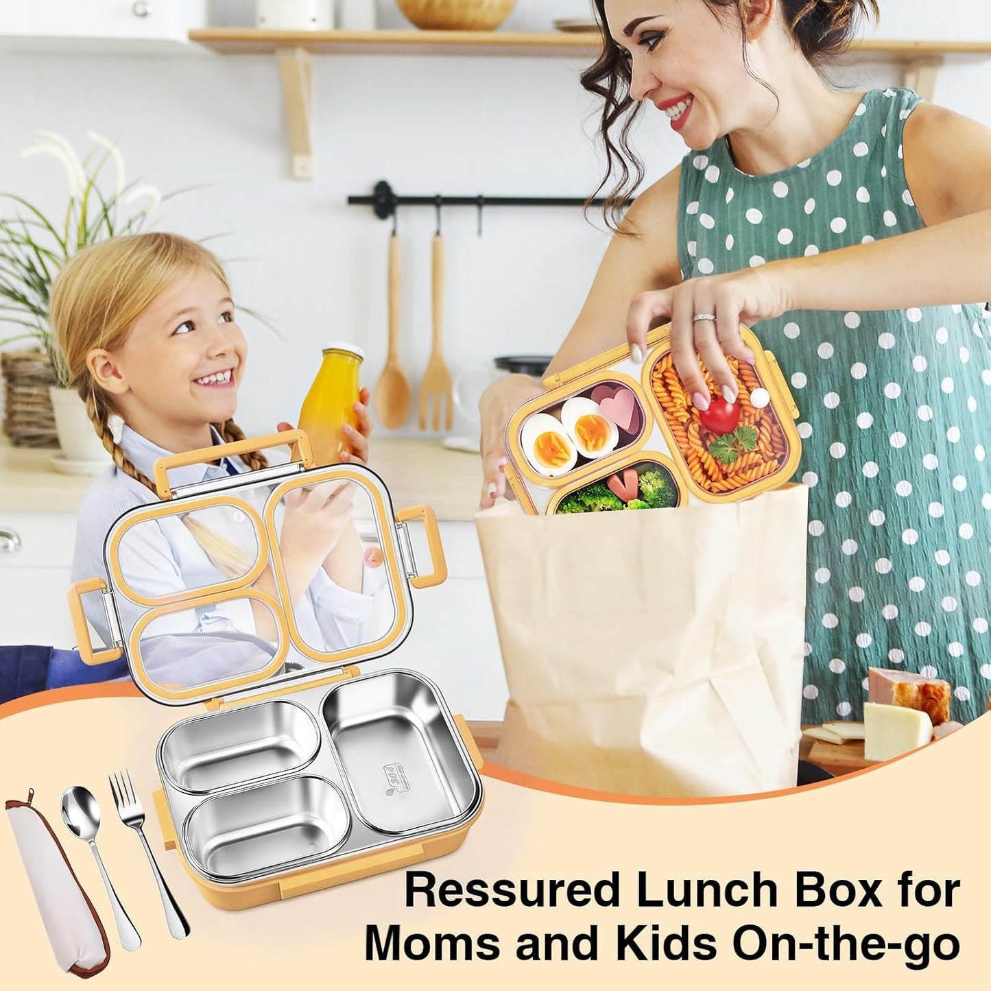 25oz 18/8 Stainless Steel Lunch Box Kit (Bento Box + Fork/Spoon) - 3 Leakproof Compartments - Metal Snack Box for Kids & Adults - School/Office/Travel - Dishwasher Safe (Beige)