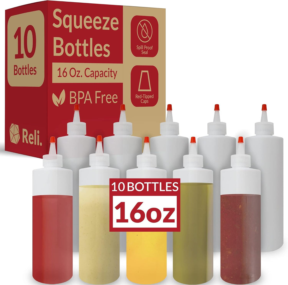 Reli. Plastic Squeeze Bottles, 16 oz. | 10 Pack | Clear with Red Tip Cap