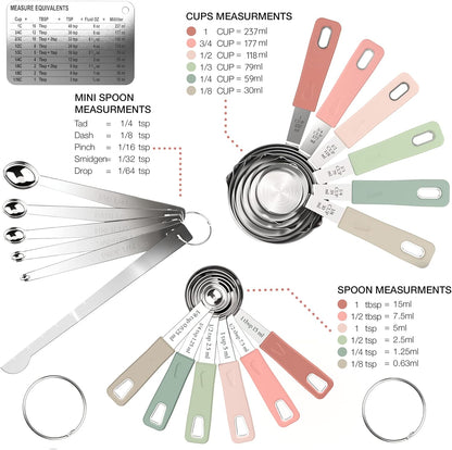 CuttleLab 22-Piece Stainless Steel Measuring Cups and Spoons Set, Tad Dash Pinch Smidgen Drop Mini Measuring Spoons, Measuring Stick Leveler, Measurement Conversion Chart Fridge Magnet, (Charcoal)