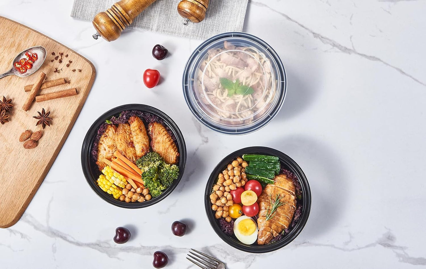 FULING 32 oz 50 ct Round Meal Prep Containers with Lids Plastic Food Storage Lunch Plan To Go Box Disposable Take Out Bowls Black BPA Free Reusable Durable Stackable Microwave Freezer Dishwasher Safe
