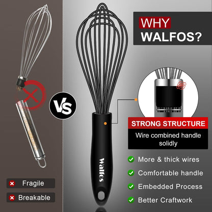 Walfos Silicone Whisk,Stainless Steel Wire Whisk -Heat Resistant 480°F Kitchen Whisks for Non-stick Cookware,Balloon Egg Beater Perfect for Blending,Whisking,Beating,Frothing & Stirring,Black