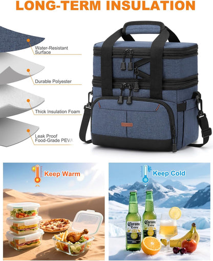 Pritent Lunch Box For Men Women Double Deck Insulated Lunch Bag For Men Woman Leakproof Expandable Cooler Bag with Adjustable Shoulder Strap for Kids Shool Work Picnic Camping(Beige,Large)