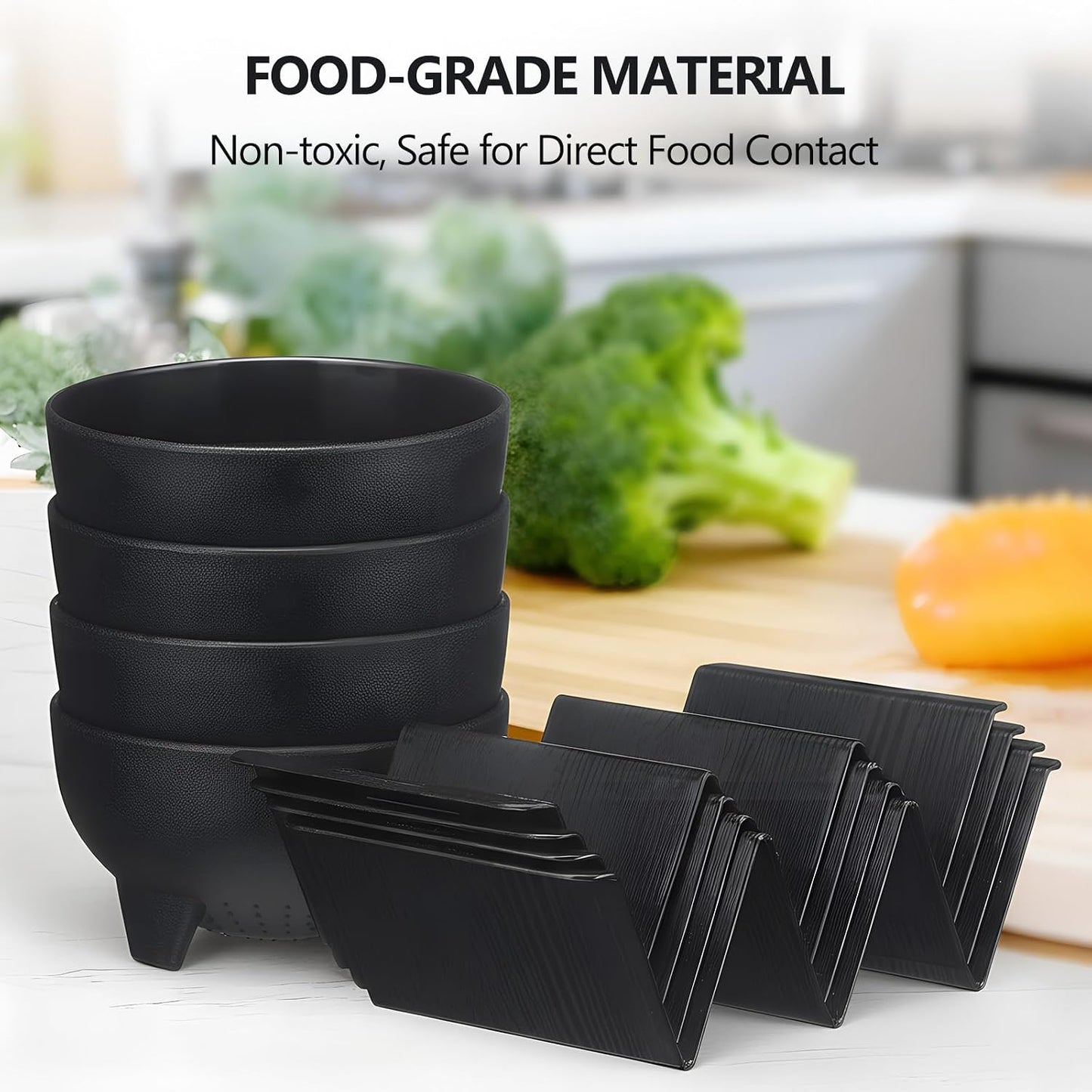 FoldTier Mexican Taco Holder Stands with Salsa Bowls Set of 24 Food Grade Plastic Dishwasher Safe Upright Trays Dipping Bowls For taco Night, Cinco De Mayo, Family Gatherings, Party(Black)