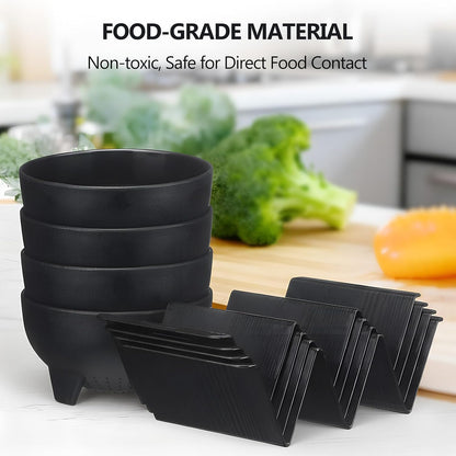 FoldTier Mexican Taco Holder Stands with Salsa Bowls Set of 24 Food Grade Plastic Dishwasher Safe Upright Trays Dipping Bowls For taco Night, Cinco De Mayo, Family Gatherings, Party(Black)